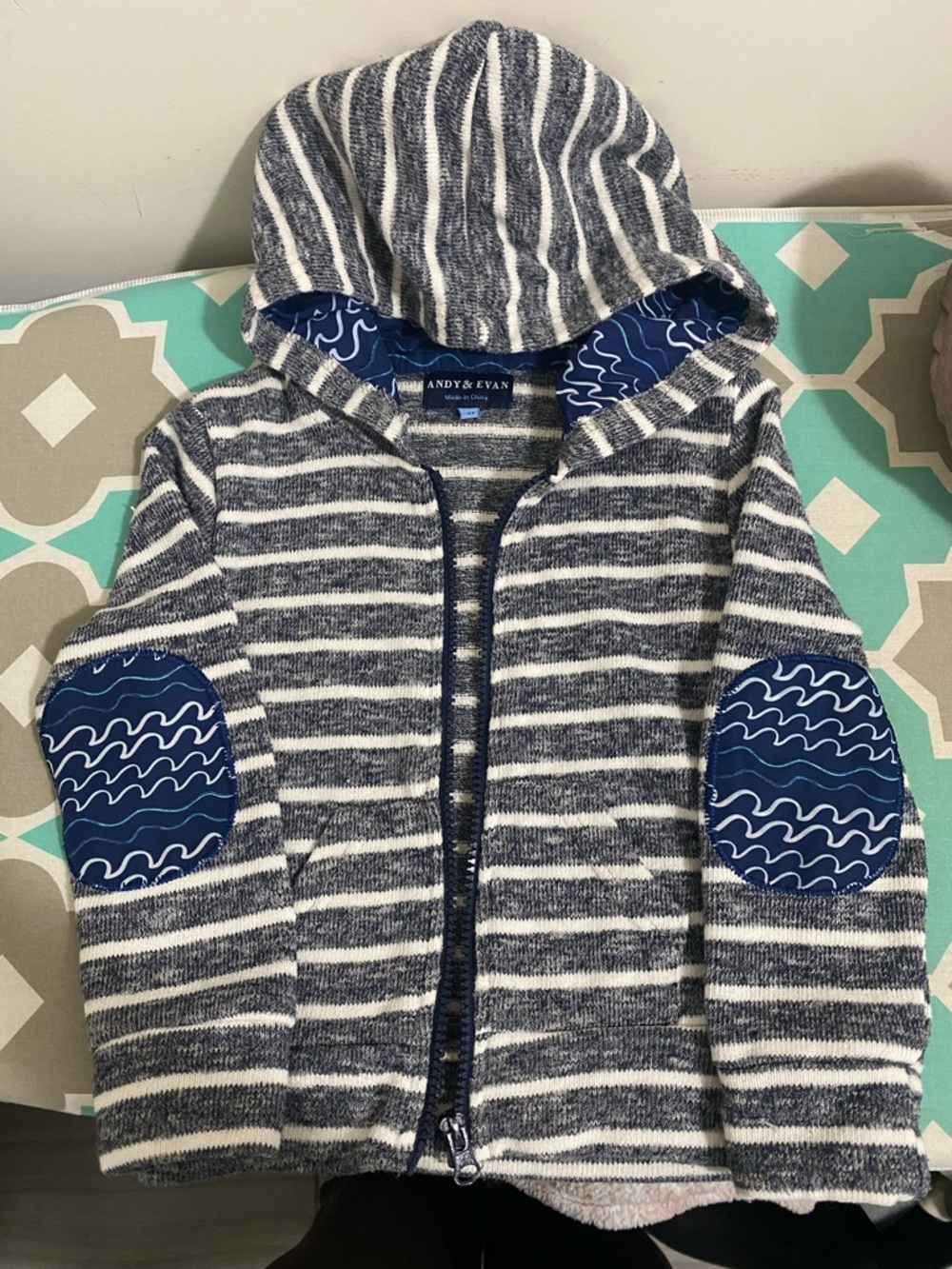 Andy & Evan Boys Blue and White Striped Hooded Zip Sweater and Shorts Size 4-5